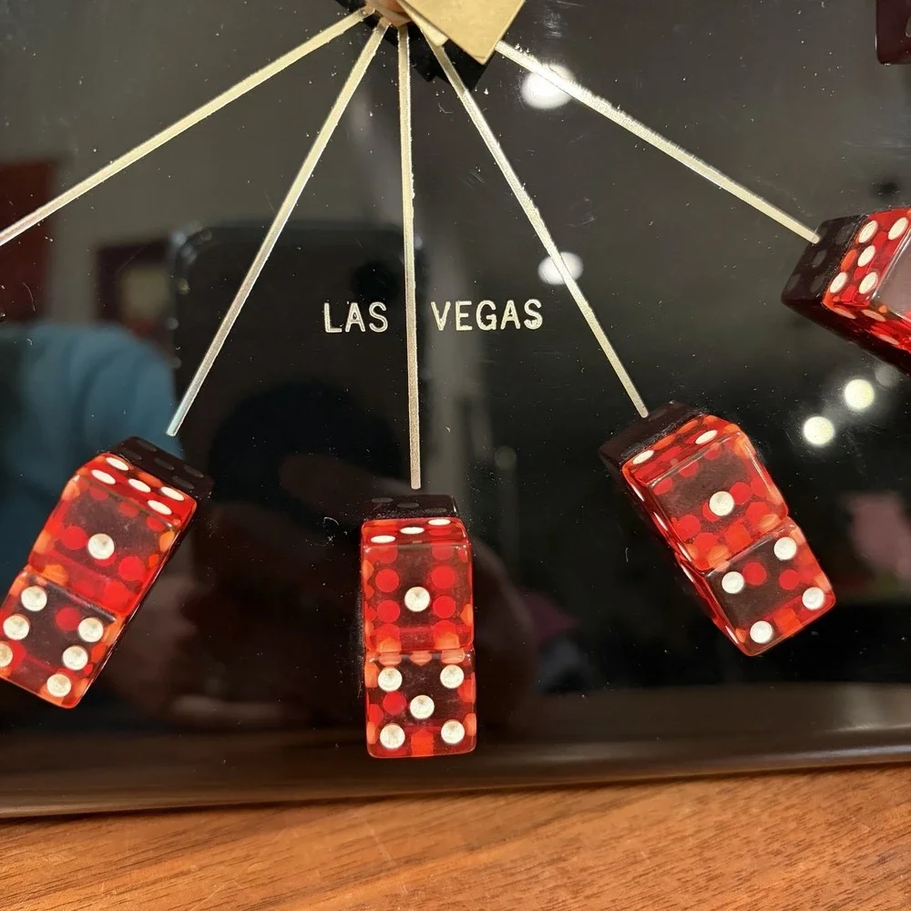 Vintage Las Vegas Red Dice Clock Black Acrylic Tabletop Japan Movement